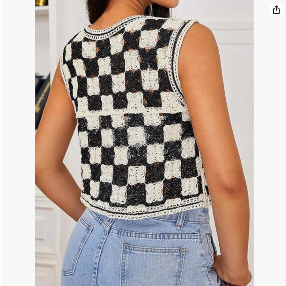 Button Front V Neck Sleeveless Crochet Plaid Checkered Knit Sweater Vest - Picture 2 of 7